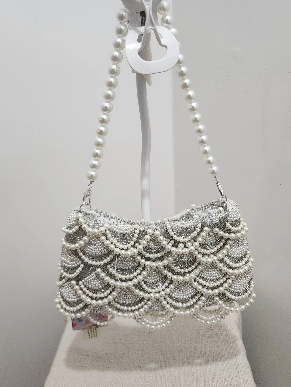 Pearl-Embellished White Beaded Shoulder Bag